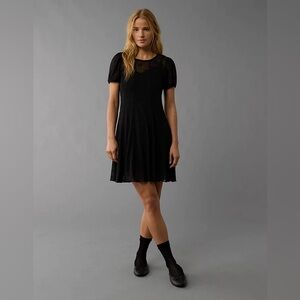 NWT🎀AE Puff Sleeve Lace Bow Sheer Mini Dress in Black Size XXL